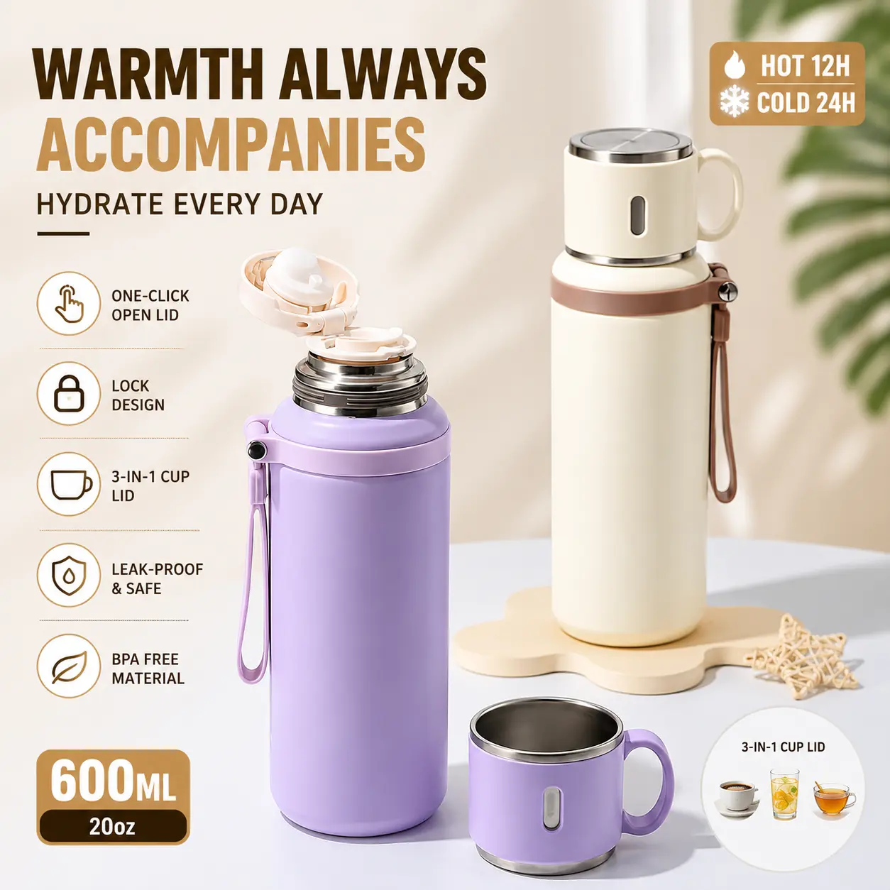 600ML Modern Stainless Steel Insulated Traveler Tumbler - Portable Vacuum Flask, Vacuum Insulated Drinkware, Leak-Proof with Mug Lid for Travel, Camping, Portable Vacuum Flasks