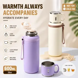 600ML Vacuum Flask with Cup Lid |   Portable Insulated Coffee Bottle for Travel, Office & Camping