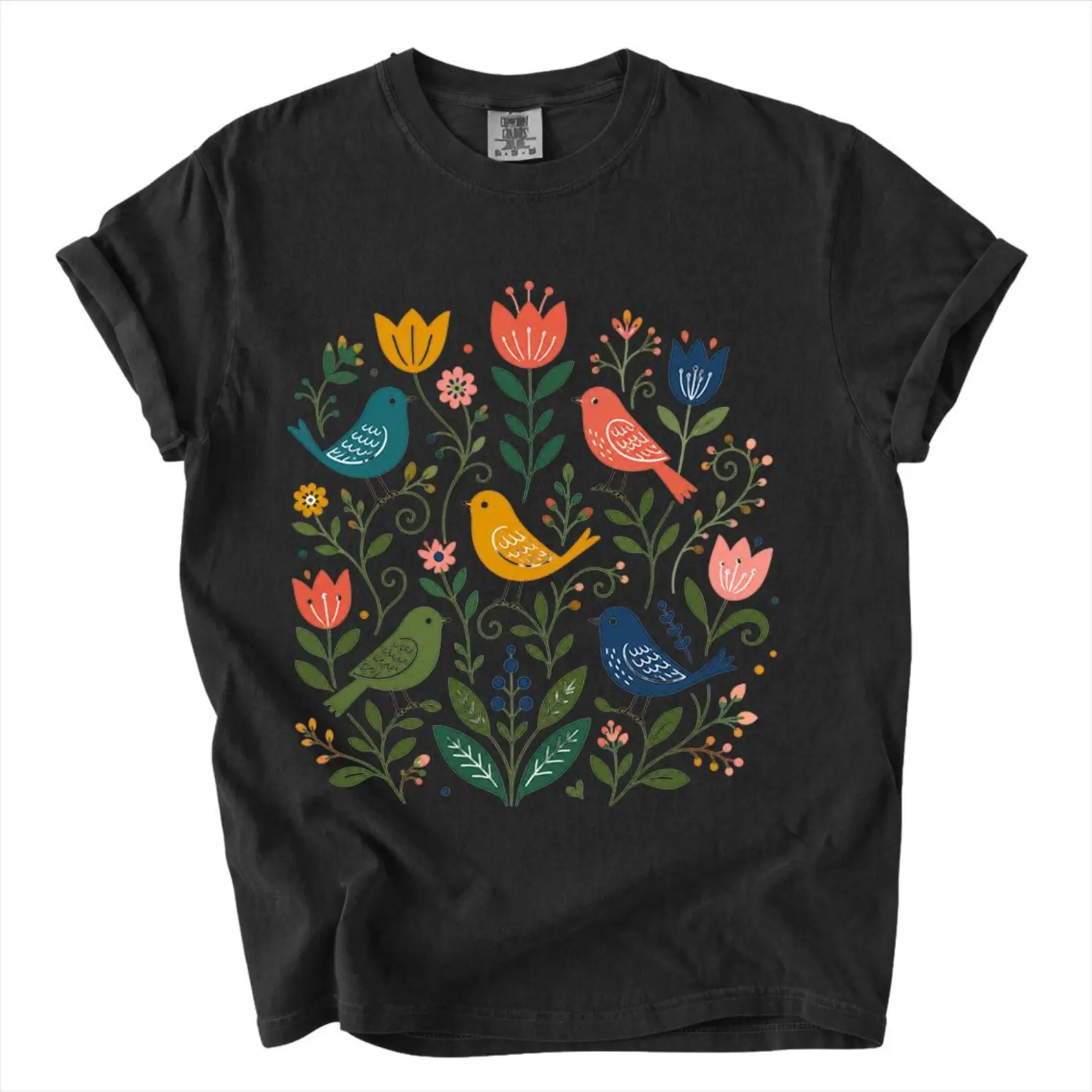 Boho Folk Art Bird Comfort Colors Shirt | Scandinavian Floral Tee | Cottagecore Bird Graphic T-Shirt | Colorful Botanical Nature Shirt