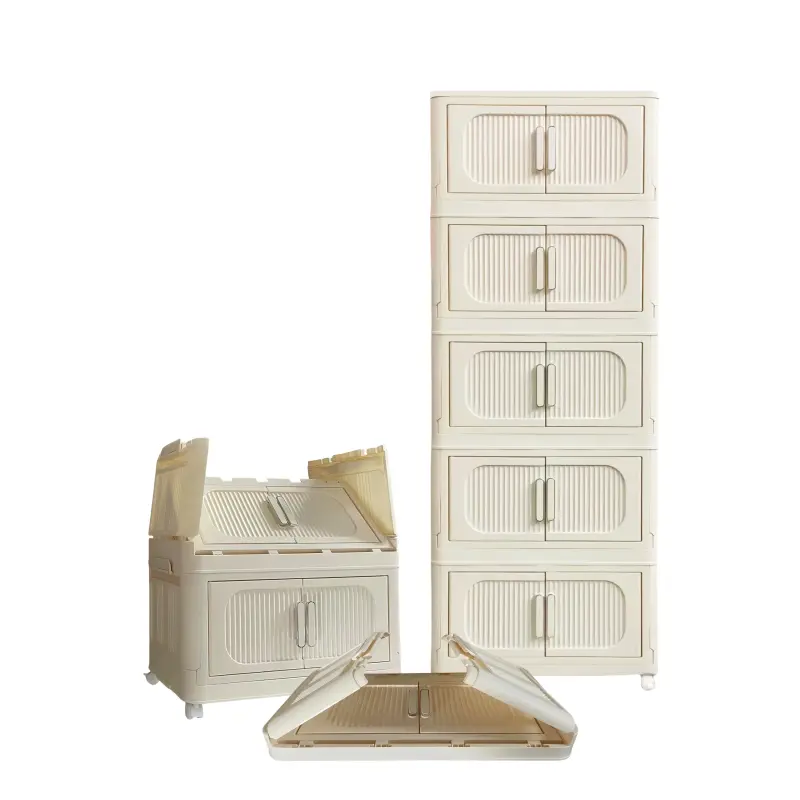 Cream White,19.69" Side Wide Folding Storage Cabinet ,5 Tiers,19.69"*11.81"*50.00",Collapsible Storage Bins with Magnetic Door, Plastic Storage Cabinet with Wheels