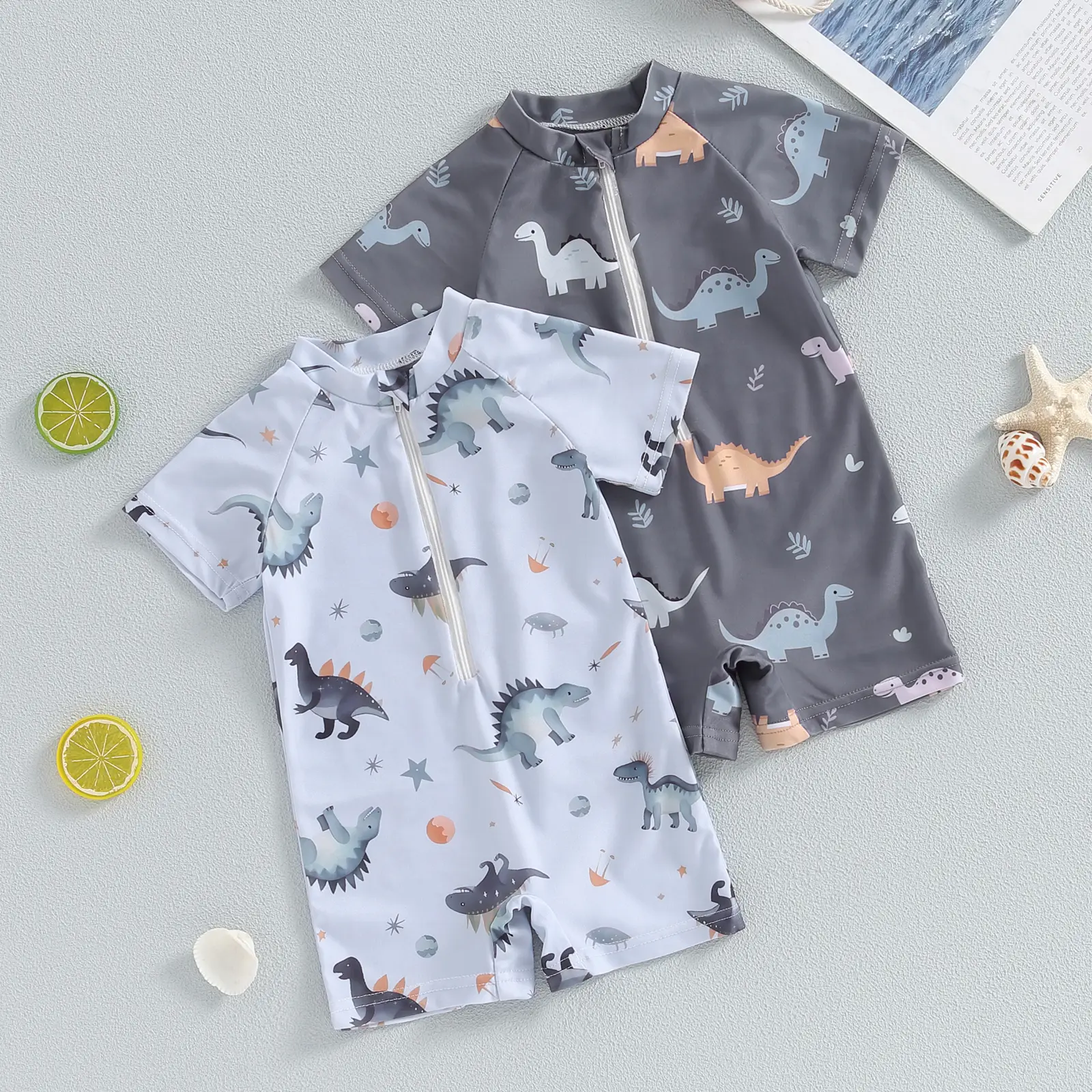 Afunbaby Toddler Baby Boys Dinosaur Swimsuit Round Neck Half Zip Up Short Sleeve Rash Guard Swimwear Kids Infant Bathing Suit Summer Beachwear
