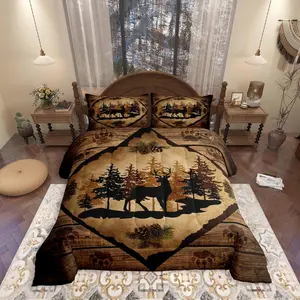 Cabin Comforter Set,Cute Deer Silhouette Jungle Pine Trees Bedding Set,for Kids Teens Adults,Brown Retro Stripes Grid Animal Paw Print Comforter Duvet Set
