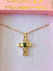 18K Gold Plated Emerald And Diamond Inspired Cross Necklace