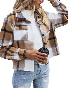 Women's Plaid Cropped Jacket - Casual Button Down Long Sleeve Shacket for Fall & Winter
