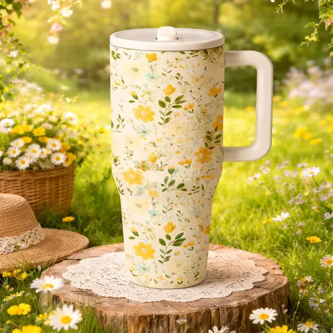 1pc 40oz Stainless Steel Insulated Travel Tumbler with Handle, Quencher Tumbler, Insulated Travel Cup, Floral Print, with Lid And Straw, Insulated Drinkware, Keep Hot 12H/Cold 24H, Commute, Picnic, Office, Unique Gift for Women, Insulated Flask