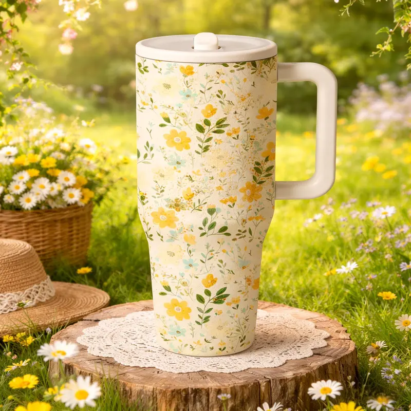 1pc 40oz Stainless Steel Insulated Travel Tumbler with Handle, Quencher Tumbler, Insulated Travel Cup, Floral Print, with Lid And Straw, Insulated Drinkware, Keep Hot 12H/Cold 24H, Commute, Picnic, Office, Unique Gift for Women, Insulated Flask