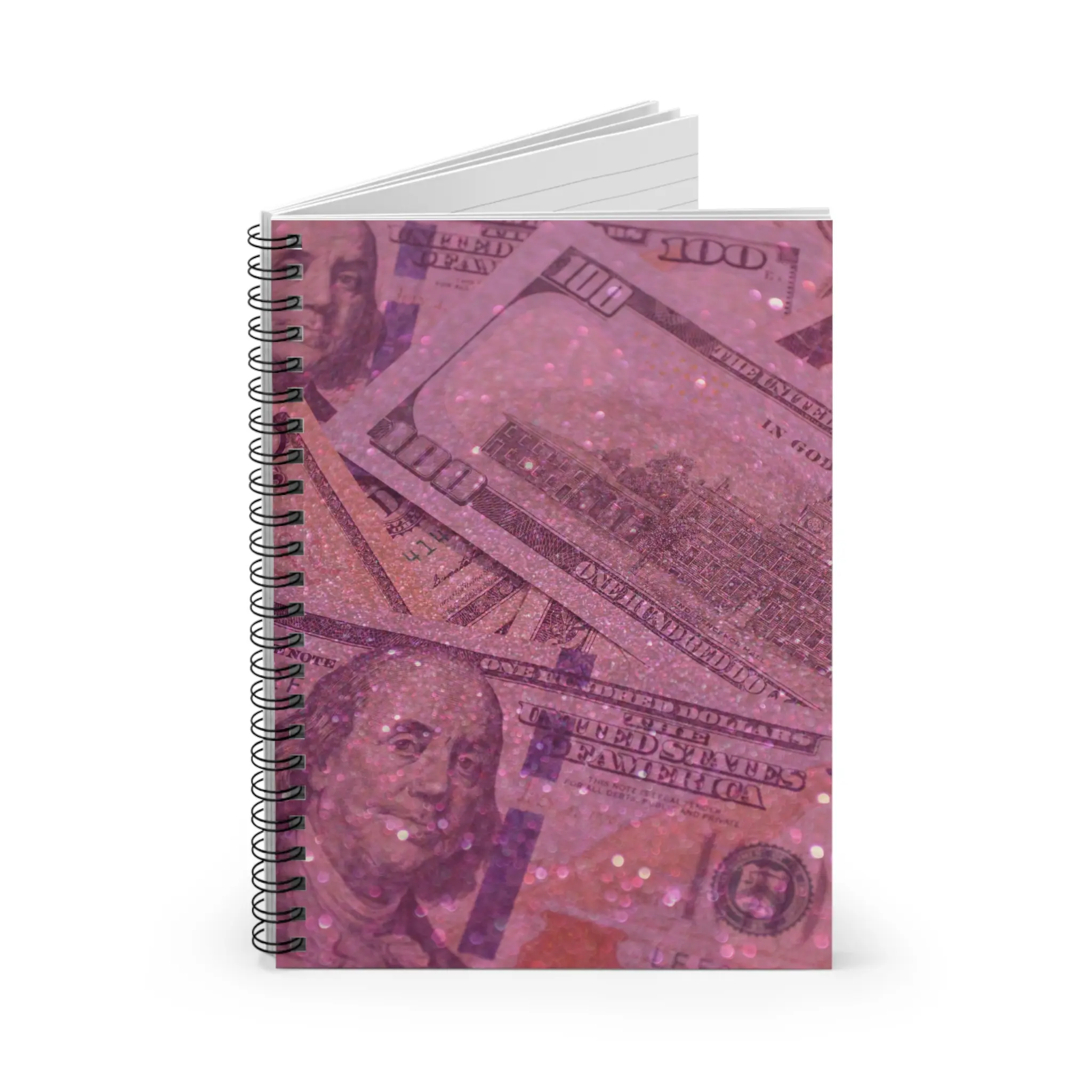Glamorous Money-Themed Spiral Notebook - Ruled Line, Perfect for Journals, School Notes, Gift for Students, Pink Glitter Design, Elegant
