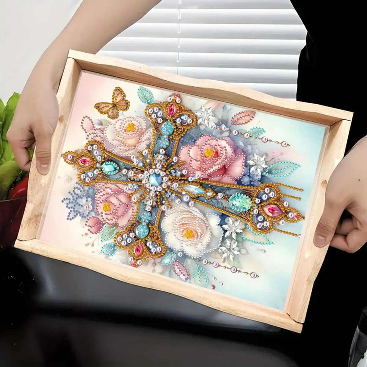 DIY Diamond Painting Kit, Irregular Crystal Diamonds, Wooden Tray with Handle, Home Decor, Perfect for Holiday Decoration, Art, Crafts, Handcraft, Handmade Gifts
