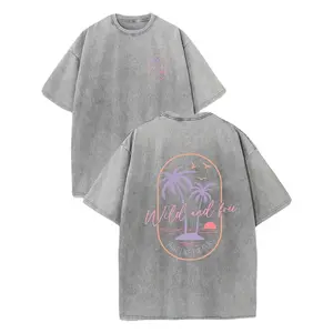 Men's Heavyweight Washed T Shirt Retro Surf Style Tropical Beach Sunset Palm Tree Print Light Pink Orange Vintage Design Loose Casual Crew Neck Short Sleeve Soft Breathable Summer Top for Vacation Daily Wear Menswear graphic tee