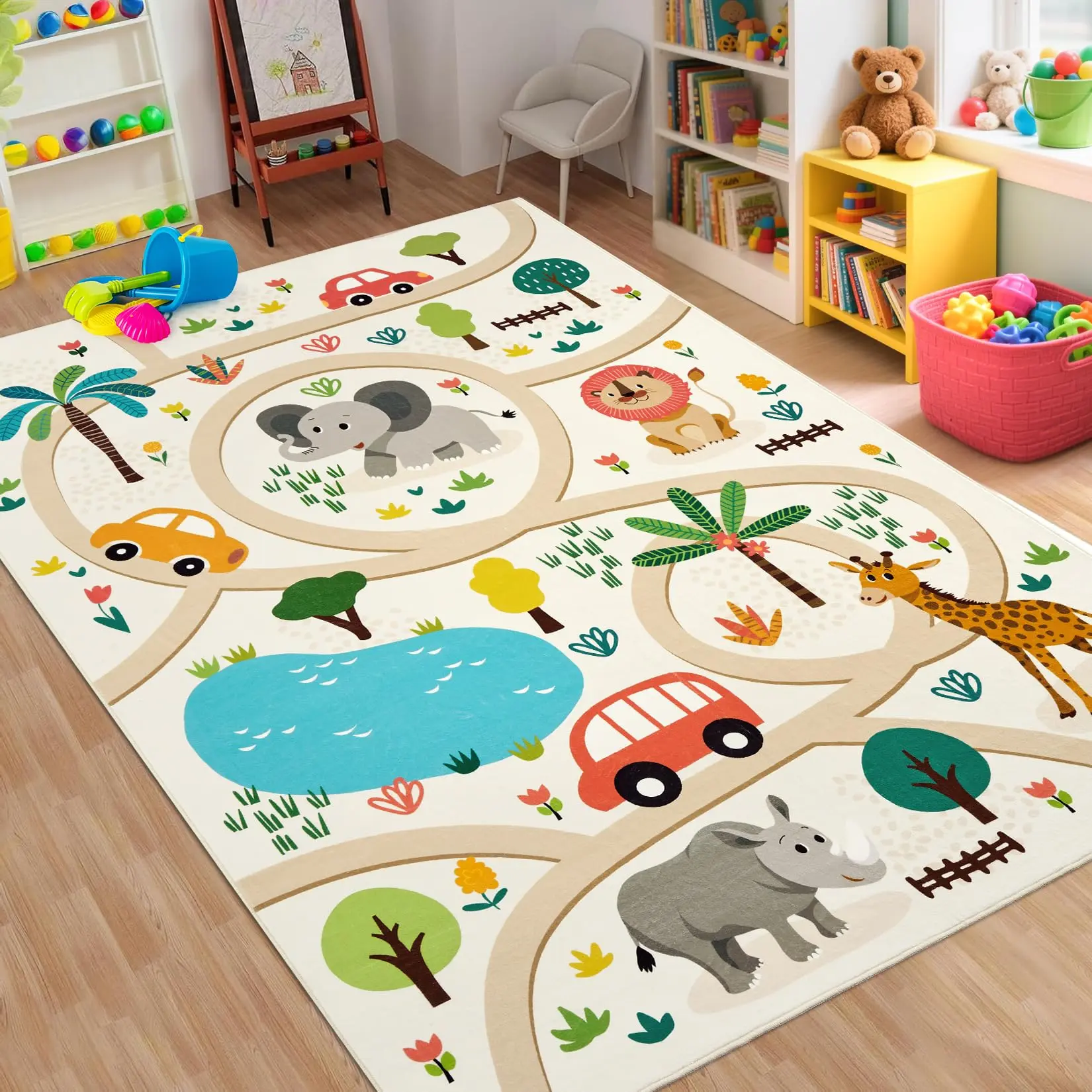 GARVEE Ultra-Soft 4x6 Playroom Rug Featuring Forest, Cars, Animals, and Road Track Patterns - Machine Washable Carpet Mat Ideal for Nursery, Bedroom, and Playroom Spaces