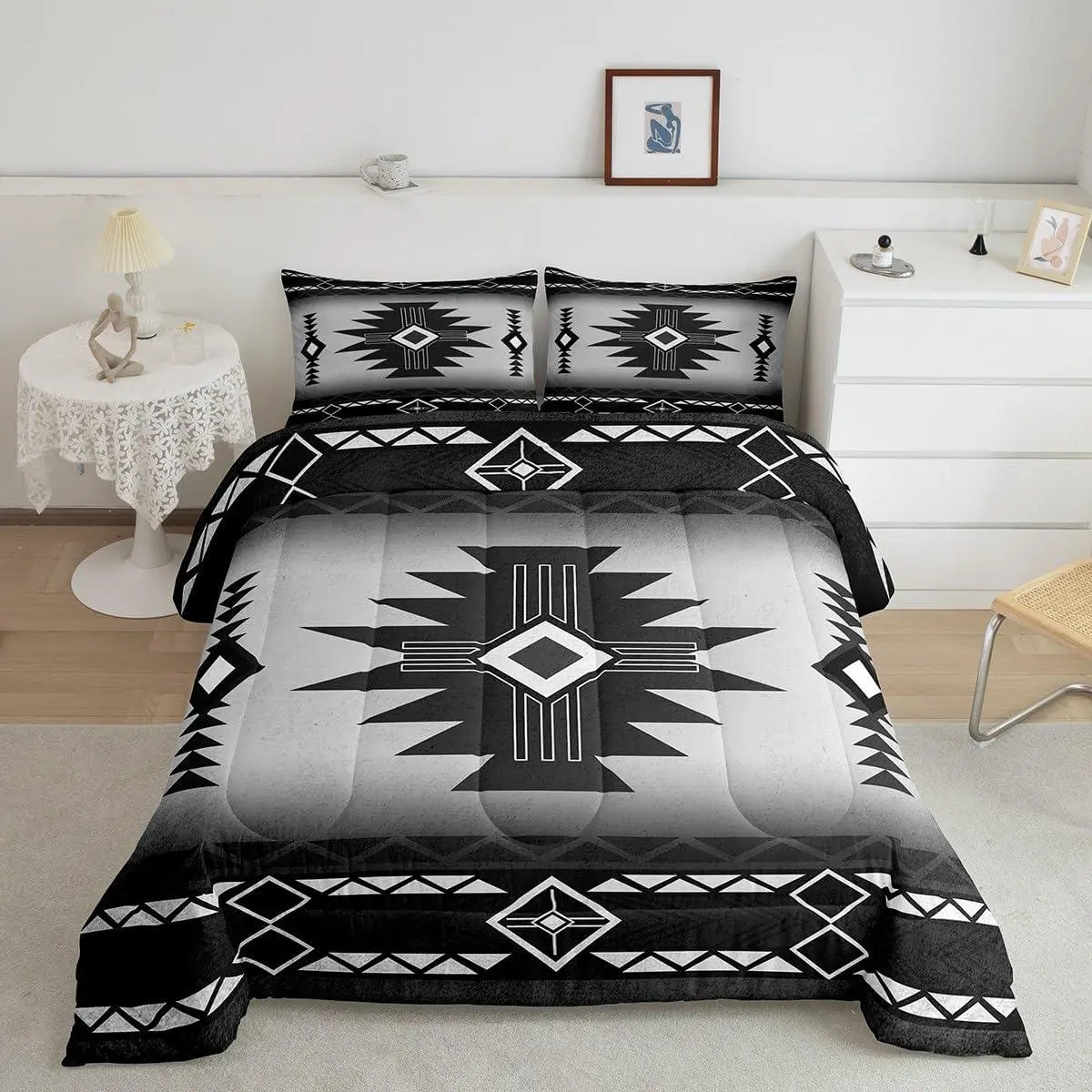 Feelyou Southwest Vibe Western Decorative Comforter Set - Breathable Microfiber Bedding, Digital-Print Aztec Motifs, Multi-Size Duvet Insert for Teens, White Grey, Western Bedding Set, Decorative Bedding Set