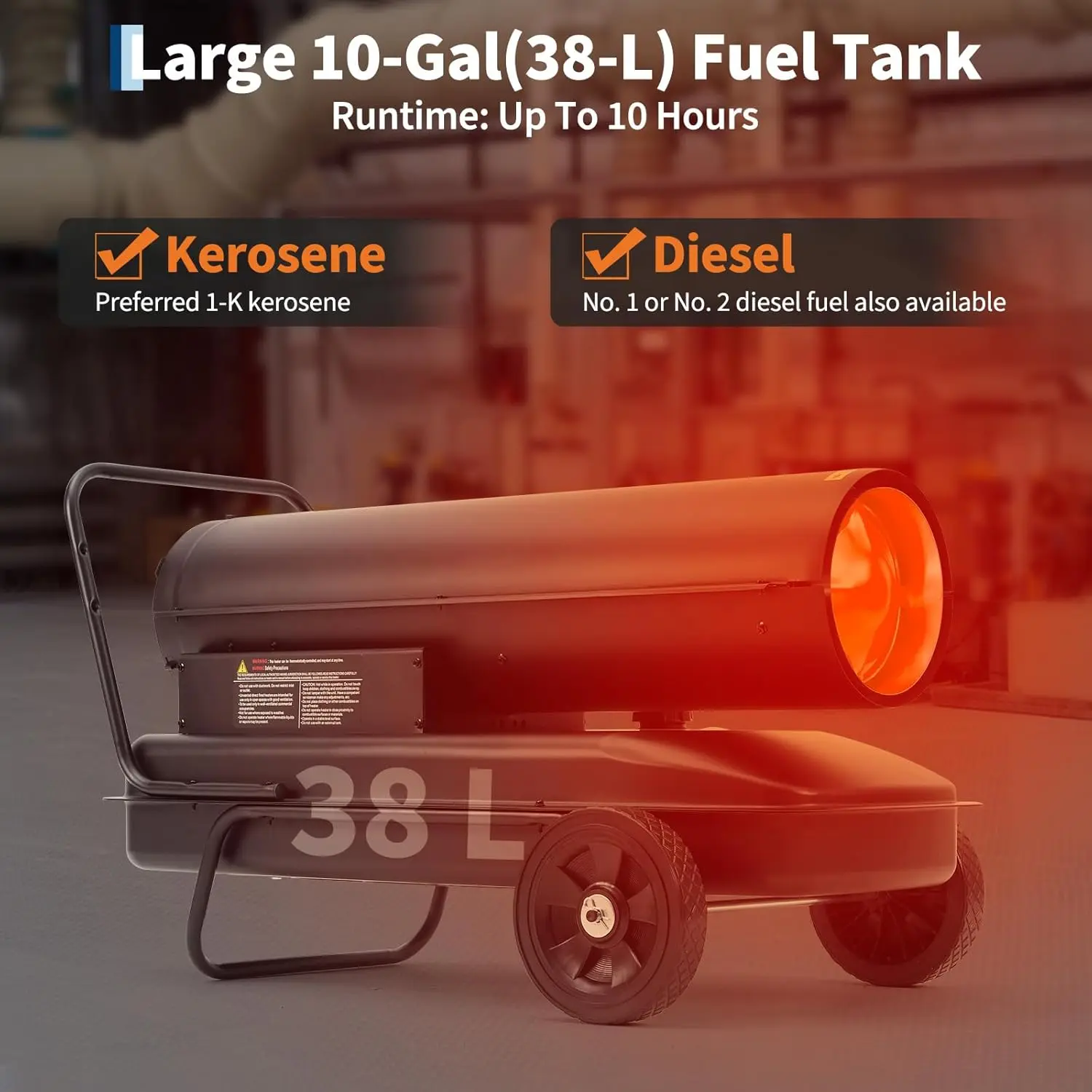【Christmas Gift】Kerosene Forced Air Heater, 125K BTUs Kerosene Diesel Forced Heater with Thermostat, 10 Gallon Tank, Wheels, for Workshops, Warehouses, and Construction Sites, 120V/60Hz