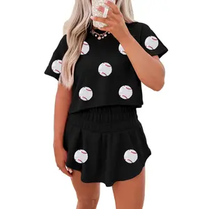 Women's Black Baseball Print Skort Set with Sequins Casual 2-Piece Outfit High Waist Short Sleeve Tee Summer Fashion Daily Wear Comfortable Style - Clothes