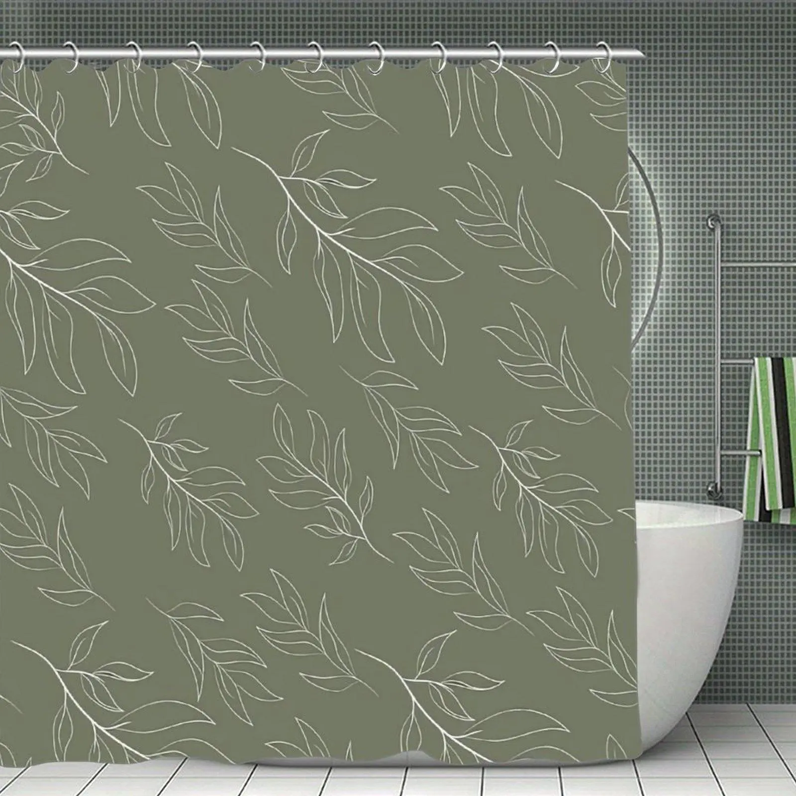 Sage Green White Line Leaf Print Waterproof Shower Curtain - Stainless-Steel Compatible Bathroom Decor for Bathtub, Bath Shower, Window Use, Botanical, One Curtain