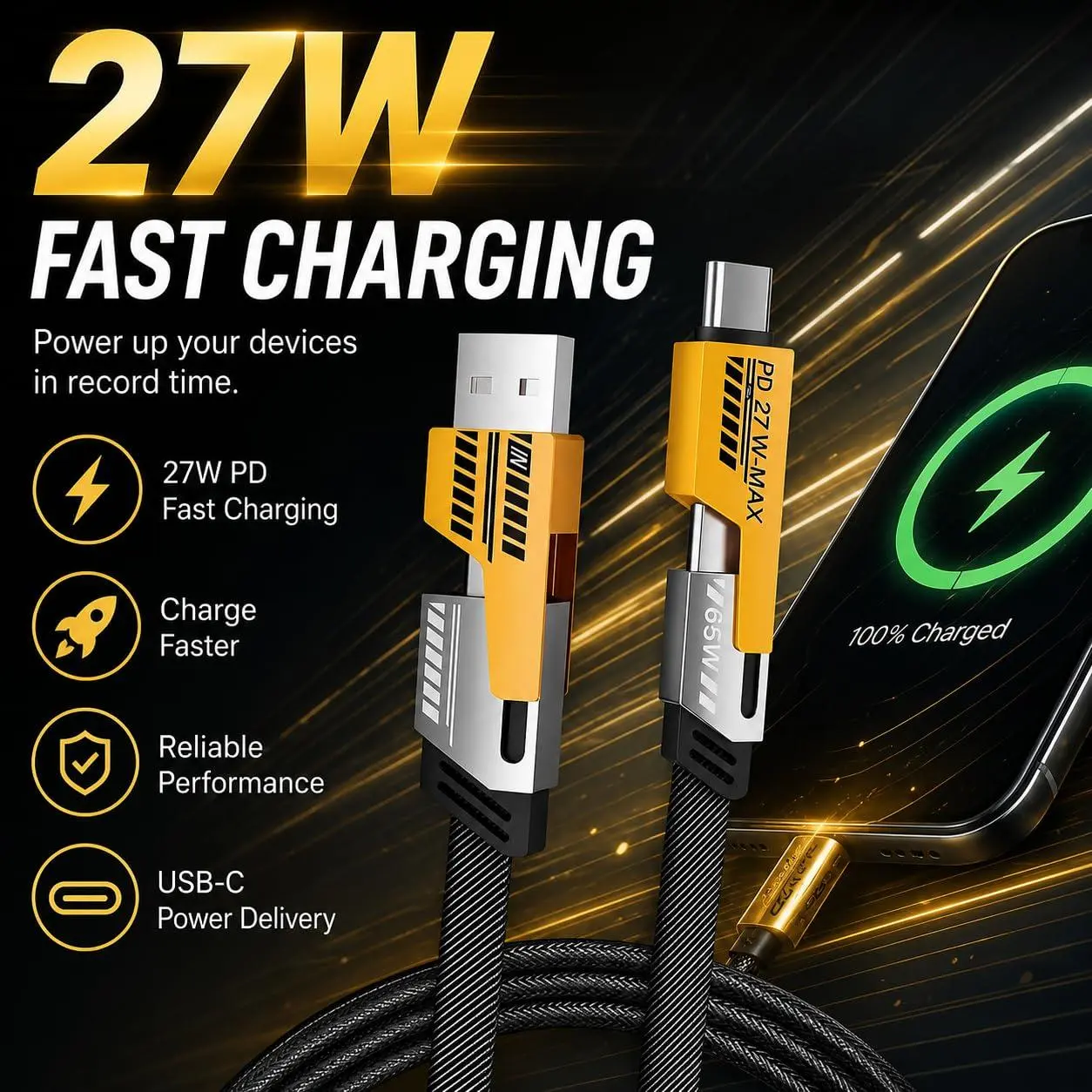 4-In-1 USB-C Charging Cable, Tangle-Free Nylon Braided Multi Charging Cord, USB-A & USB-C Inputs, PD 27W Fast Charge, Compatible with Iphone, USB-C Devices, Tablets & Phones (6.6FT) ApeVolt