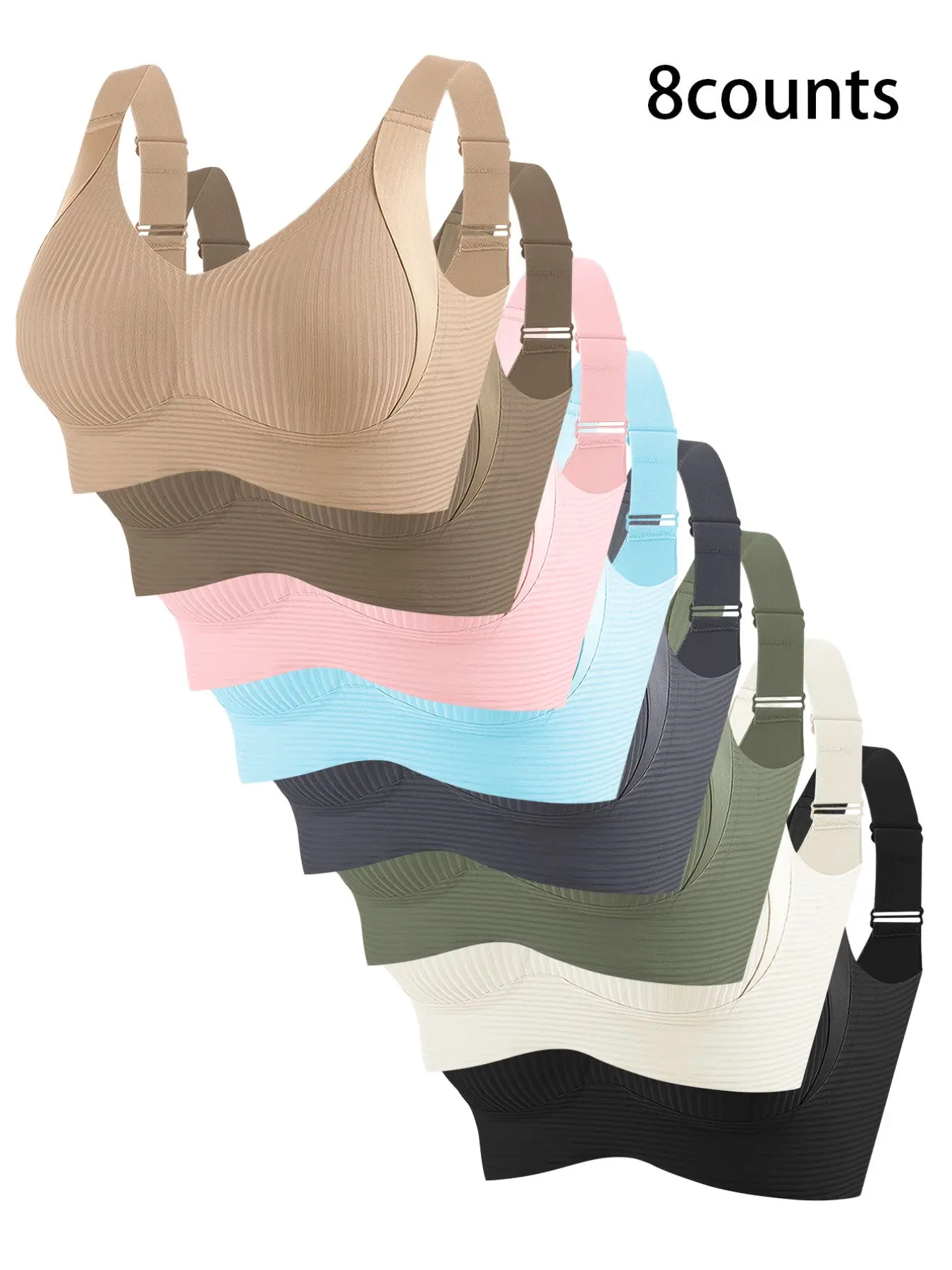 Wireless Bra Set, Adjustable Bras, Casual Back Buckle Design, Adjustable Fit, Smooth Seamless Comfort, Shapewear Effect, 8 Pieces Women's Lingerie, All Seasons