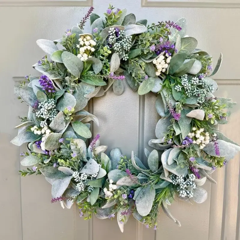 Neutral Farmhouse Spring Wreath, Lambs Ear Greenery with Lavender & Purple Blooms, Rustic All-Season Wreath for Front Door Decor