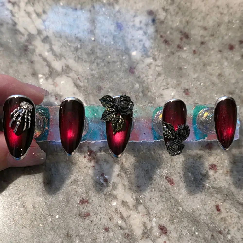 Goth Black and Red Coffin Shaped Nails with 3D Accents for Stylish Nail Design