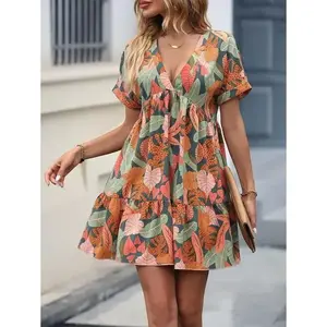 Tropical Print Batwing Sleeve Ruffle Hem Smock Dress Vacation Beach Outfits Women
