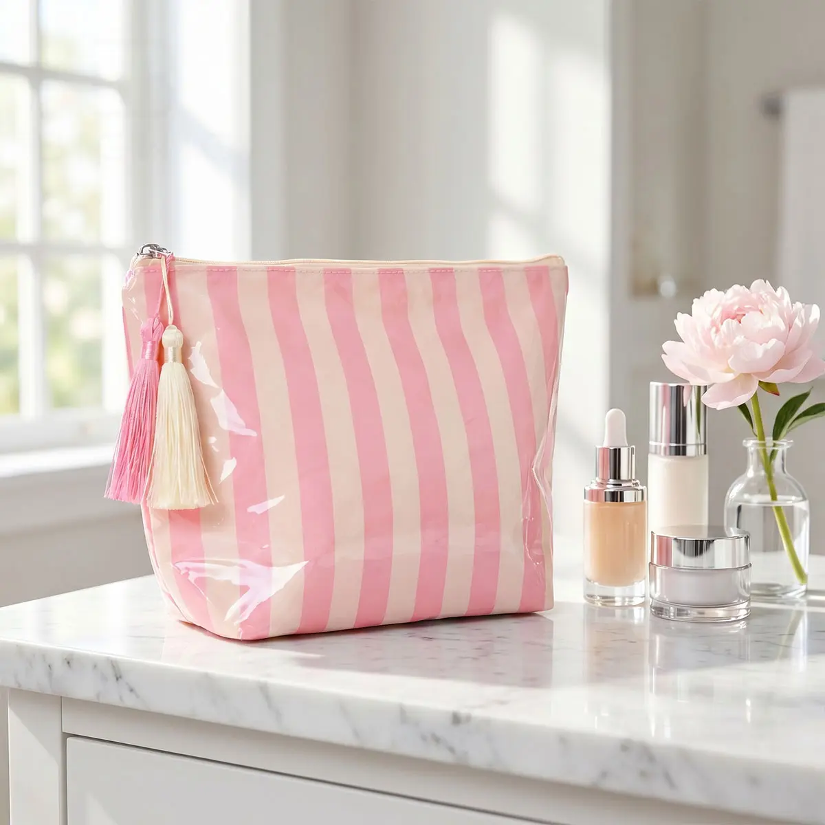 Women's Chic PVC Glossy Striped High-Capacity Cosmetic Organizer Pouch - Zipper, Water-Resistant, Tasseled, Portable Makeup Organizer Travel Bag, Makeup Pouch for Purse, Your Everyday Essential Gym Bag for Outdoor Use