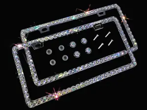 Dazzling Addiction 2 3D Bling License Plate Frame Big Chunky Rhienstones Clear AB Rainbow Made in USA Handmade 1 Row Holder Screw Caps Personalizable Customizable Customized White Bedazzled Sparkly Shimmering for Girls and Women 2 Holes Crystals Diamond