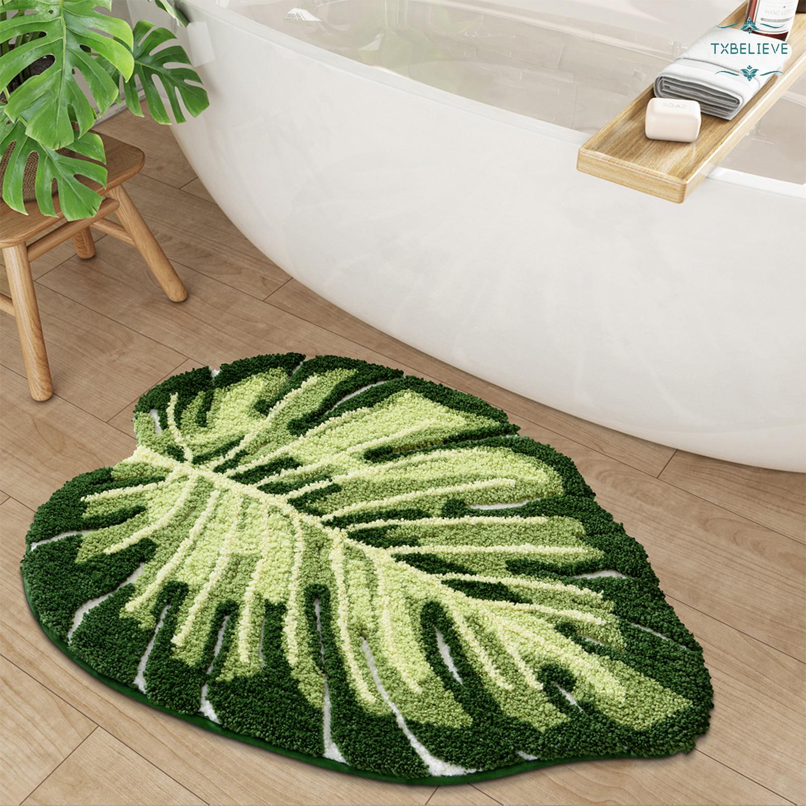 Cute Bathroom Rugs with Green Leaf Plant, Soft, Fluffy, Plush, Absorbent, Quick Dry, Non Slip, Machine Washable for Shower Floor, Bathroom, Bedroom,Kids Room, Monstera