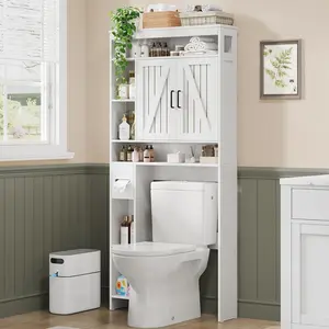 Over The Toilet Storage Cabinet with 2 Barn Doors & Built-in Toilet Paper Holder, Farmhouse Space-Saving Organizer for Bathrooms and Laundry Room, White