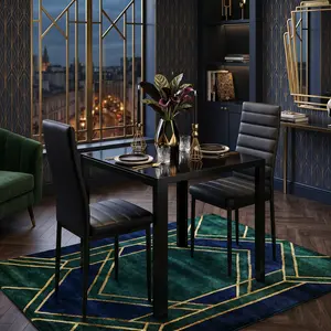 3 Piece Modern Dining Table Set, Square Tempered Glass Dinner Table with 2 Ergonomic PU Leather Padded Chairs, Heavy Duty Metal Frame Space Saving Kitchen Table Set, Easy Assembly Home Furniture for Small Space Apartment Dining Room