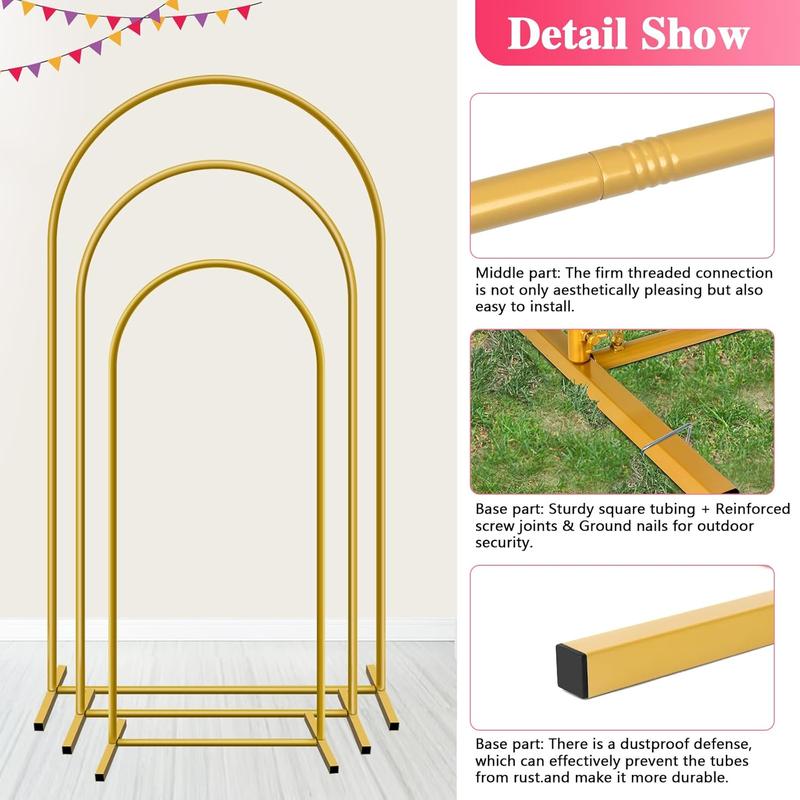 Metal Arch Backdrop Stand, Set of 3 (6/6.6/7.2 ft) Wedding Arched Frame , Stable Arched Background Stand for Wedding, Baby Shower, Birthday Party, Photography, Gold