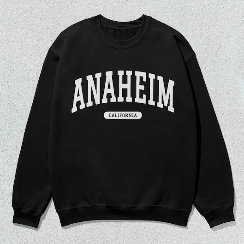 Men's Unisex Collegiate Crewneck Sweatshirt - Cotton Blend, Polyester, Longsleeves, Anaheim California Letters Graphic Print, Round Neck, Pull-On Casual Pullover Tops