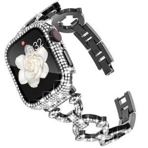 Surace Compatible with Gold Apple Watch Bands 40mm for Women, Jewelry Diamond Rhinestone Stainless Steel Metal Wristband Strap with Bling PC Protective Case for iWatch Series 6/5/4 SE, Gold/Rainbow