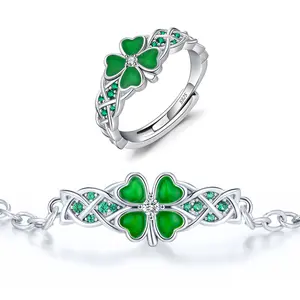 DRINSPER S925 Four-Leaf Clover Ring & Bracelet 925 Sterling Silver Jewelry Wear Jewelry Gift St Patricks Day Irish Tradition Fashion Jewelry Accessory Gift for Women