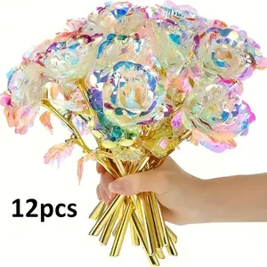 12 Pcs Preserved Rainbow Gold Roses Set, Artificial Roses, Bright Rainbow Color Plastic Galaxy Flowers, Ideal Gift for Holidays and Special Occasions