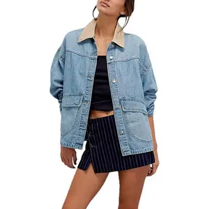 Women's Oversized Denim Jacket with Contrast Trim Long Sleeve Button Down Jean Coat with Pockets Outerwear