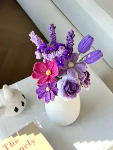 13-Piece Handmade Knitted Rose Cotton Yarn Crochet Bouquet - Artificial Lavender, Babysbreath, Galsang, Rose Flower Set, Card Included (No Vase), Room, Home Decor, Gift for Mom, Giftfriend, Memorial Day