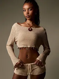 MISSGUIDED Women Crystal Embellished Knit Long Sleeve Crochet Beaded Crop Top