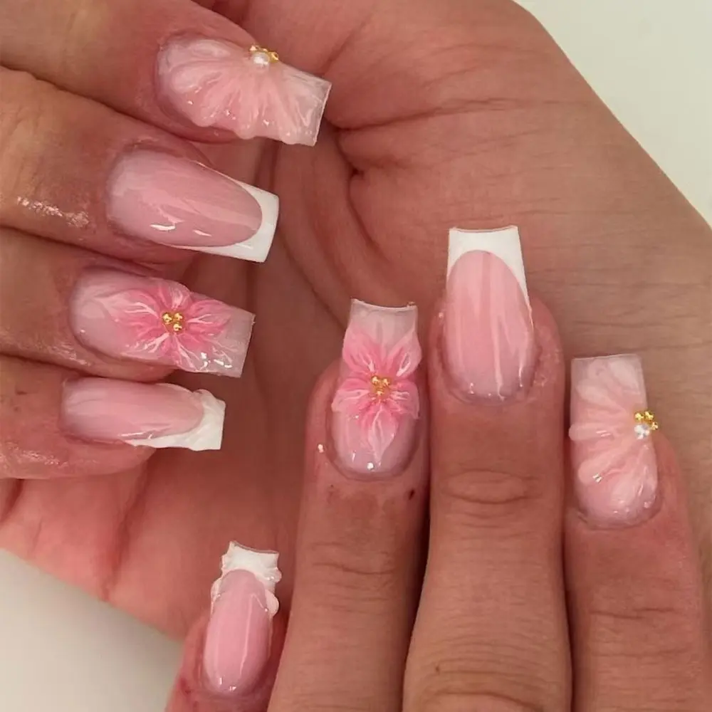 24pcs Medium Square Press-On Nails, Full Coverage Y2K Design, 3D Gel Flower Glossy Finish, Detachable Acrylic Nail Art Kit