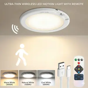 Rechargeable Motion Sensor Ceiling Light, Magnetic Wireless Battery Powered Light with Remote, for Closet Shower Stairs Shed Hallway
