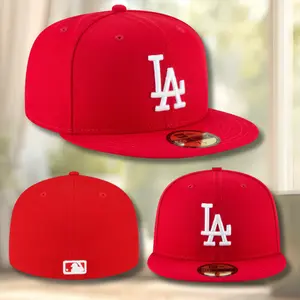 Red Los Angeles Dodgers Fitted Hat – New Era 59FIFTY Flat Brim Cap with White LA Embroidery, Structured High Crown, MLB Style Streetwear
