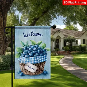 Welcome Blueberry Basket Garden Flag, Summer Fruit Yard Flag, Blue Gingham Plaid Outdoor Decor 12*18inch