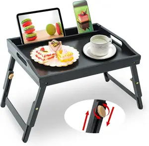 Versatile Bamboo Bed Tray Table - Multi-Functional Breakfast Food Table with Phone and Tablet Holder - Adjustable Height Serving Tray with Folding Legs - Portable Laptop Snack Platter for Bedroom, Sofa, and Picnics  kitchen table