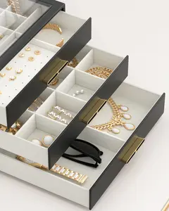 OUTEYOYO Jewelry Organizer with Drawer, Modern 3-Layers Case, Ideal for Necklace, Ring, Earring, Bracelet Storage, Present for Lady & Mom, 9.8x7.1x6 Inches - Black watch box jewelrystoragebox Transparent christmas 2024 ornament