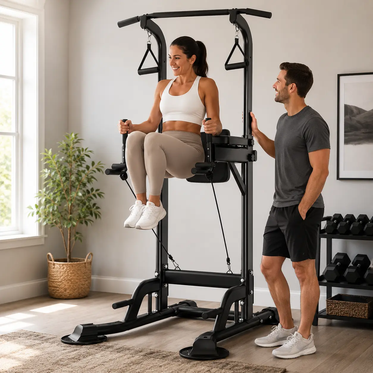 Adjustable Pull Up Dip Station, Home Gym Power Tower for Full Body Strength Training, Space Saving Workout Equipment with Easy Setup