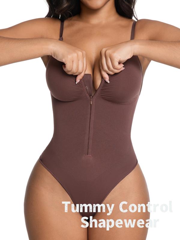 Women's Seamless Shapewear Bodysuit, Front Zipper Design, Tummy Control Thong Style, All Seasons Wearable, Comfortable Fit, Seamless Compression Body
