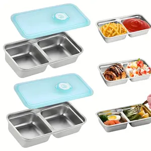 Stainless Steel Snack Container with Lid, 2/4 Counts Double Compartment Food Container, Reusable Food Container for Lunch, Office, Picnic, Kitchen, Meal Prep Containers