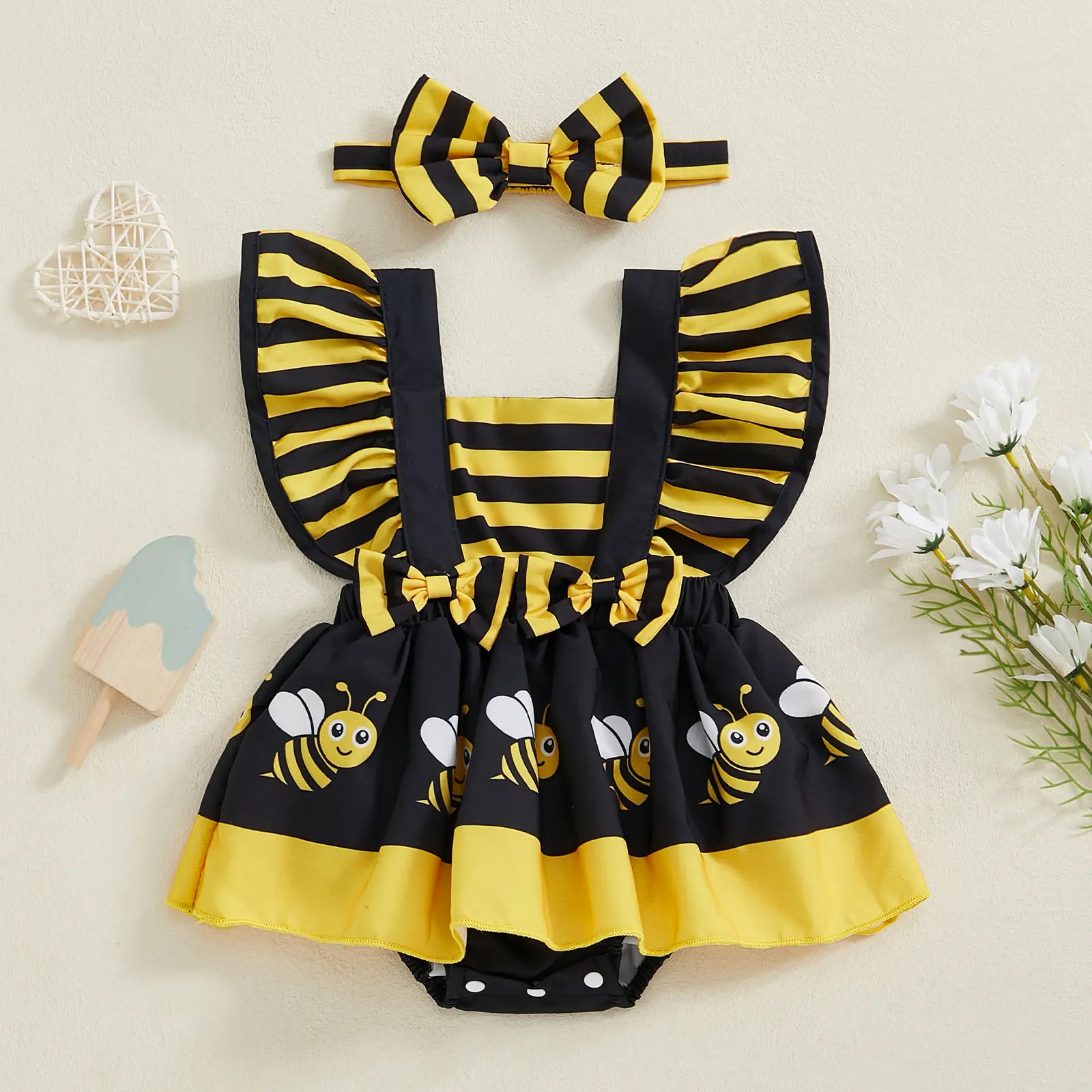 Newborn Baby Girl Summer Clothes Ruffle Fly Sleeve Romper Dress Bee/Ladybug/Cow/Elephant Print Onesie Playsuits with Headband Summer Outfit