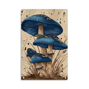 Blue Mushrooms Vintage Botanical Metal Sign Print Aesthetic Room Decoration for Home Bedroom Kitchen Bar Dorm Bathroom Wall Decor 8 X 12 Inch