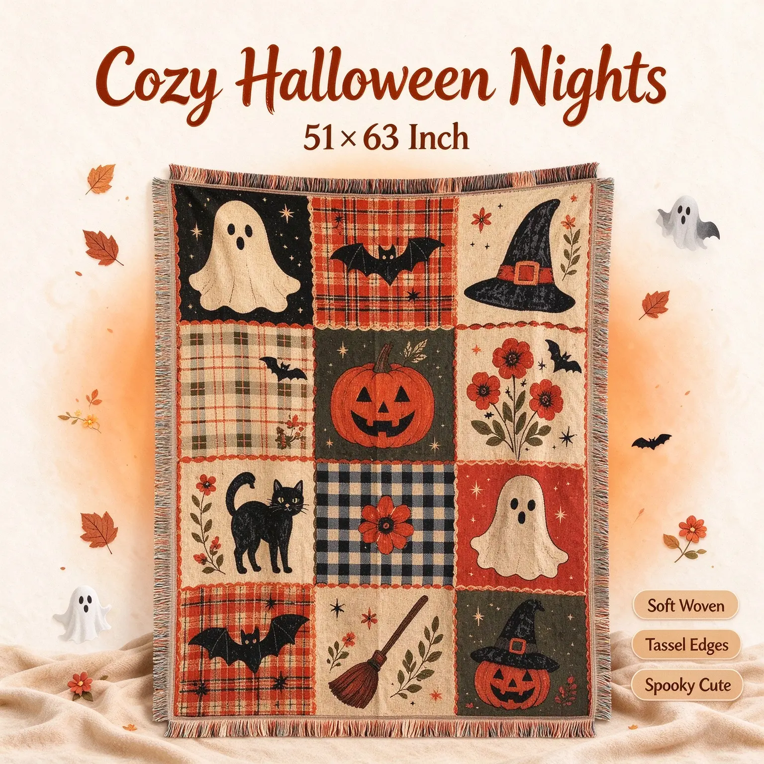 Halloween Patchwork Style Woven Blanket with Tassel Bed Blanket, Decorative Blanket, Multi-Function for Sofa Cover, Couch Throw, Armchair, Home Decor, Outdoor Picnic, Camping
