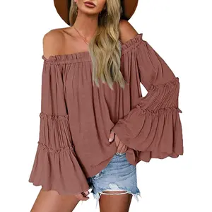 ARTFREE Womens Off The Shoulder Long Bell Sleeve Tops Flared Casual Loose Blouse