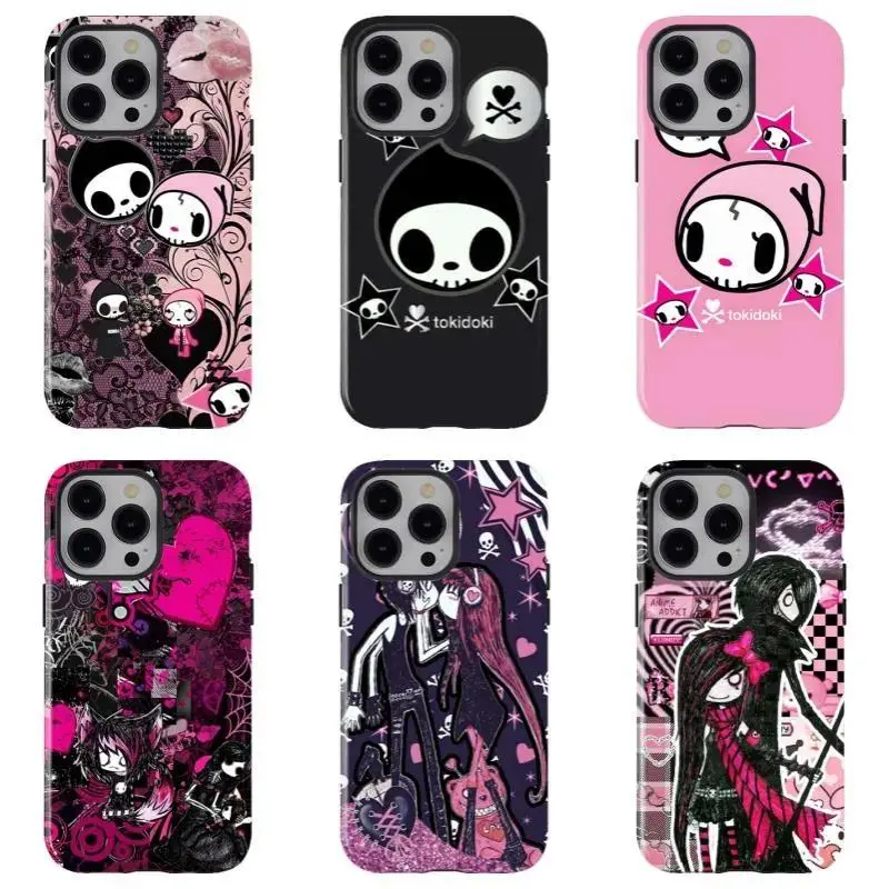Tokidoki Adios & Ciao Ciao Skull Couple Phone Case, Y2K Pink Black Aesthetic Shockproof Cover, Compatible with iPhone 11-17 Pro Max/Plus and Samsung Galaxy S23-25